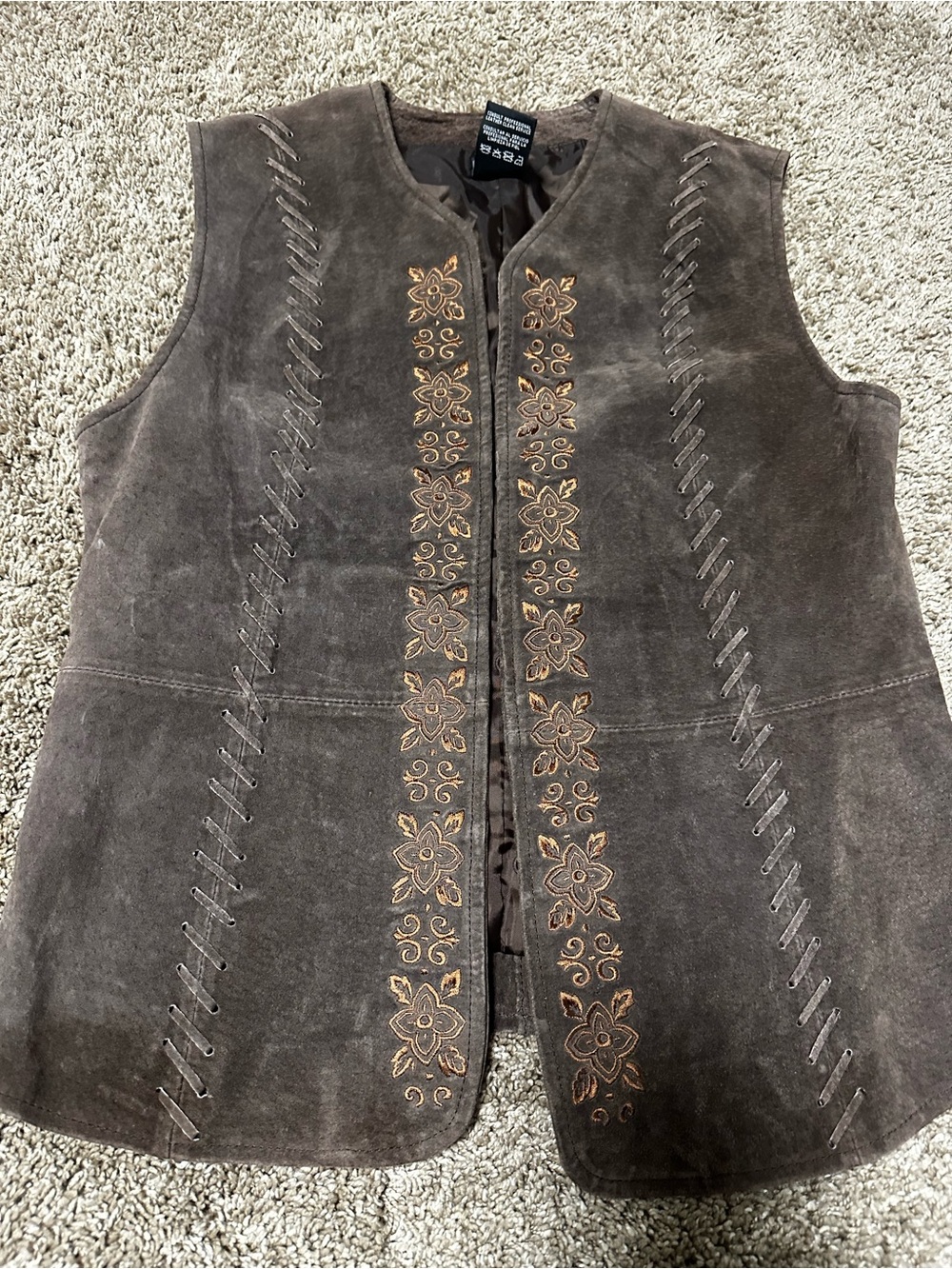 Brown Suede Floral-Embroidered Sleeveless Vest